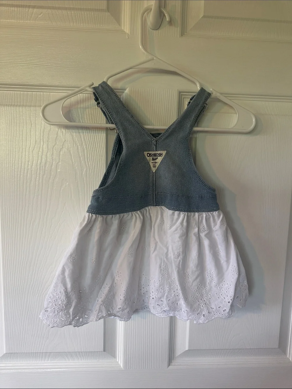 OshKosh B'gosh Blue Denim Overall Dress with White Eyelet Skirt